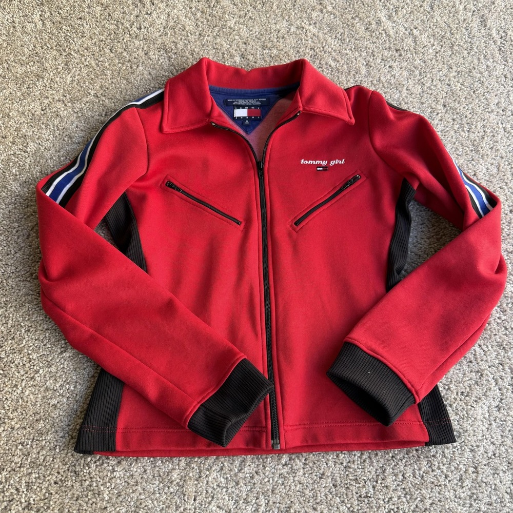 Y2K Tommy Girl Jeans Jacket Juniors M Red Knit Zip Track Sport Collared Logo